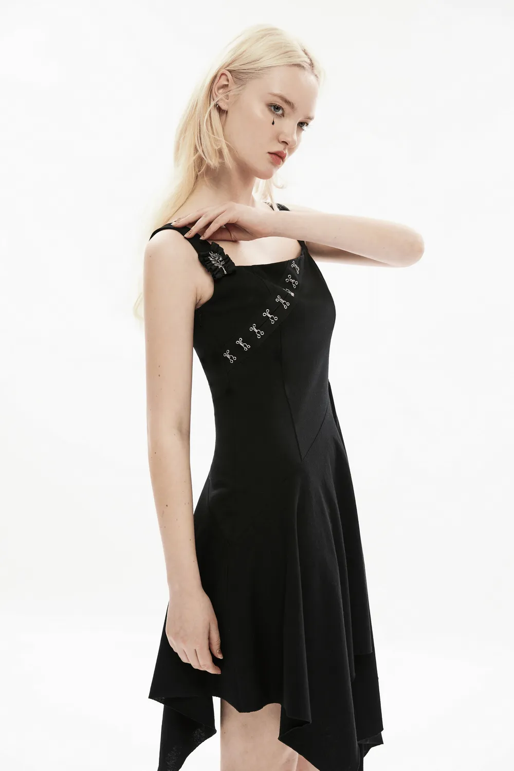 Edgy Asymmetrical Black Dress with Brooch Detail