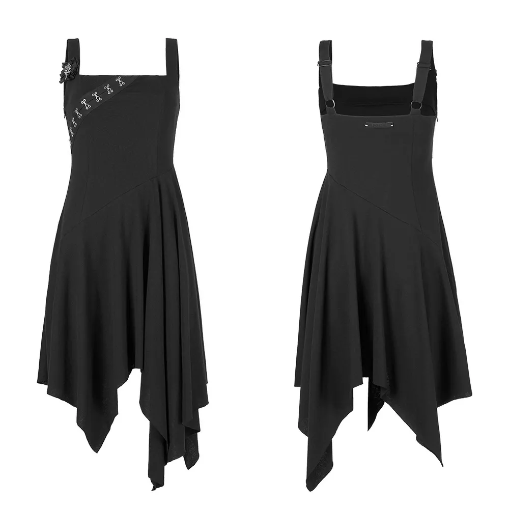 Edgy Asymmetrical Black Dress with Brooch Detail