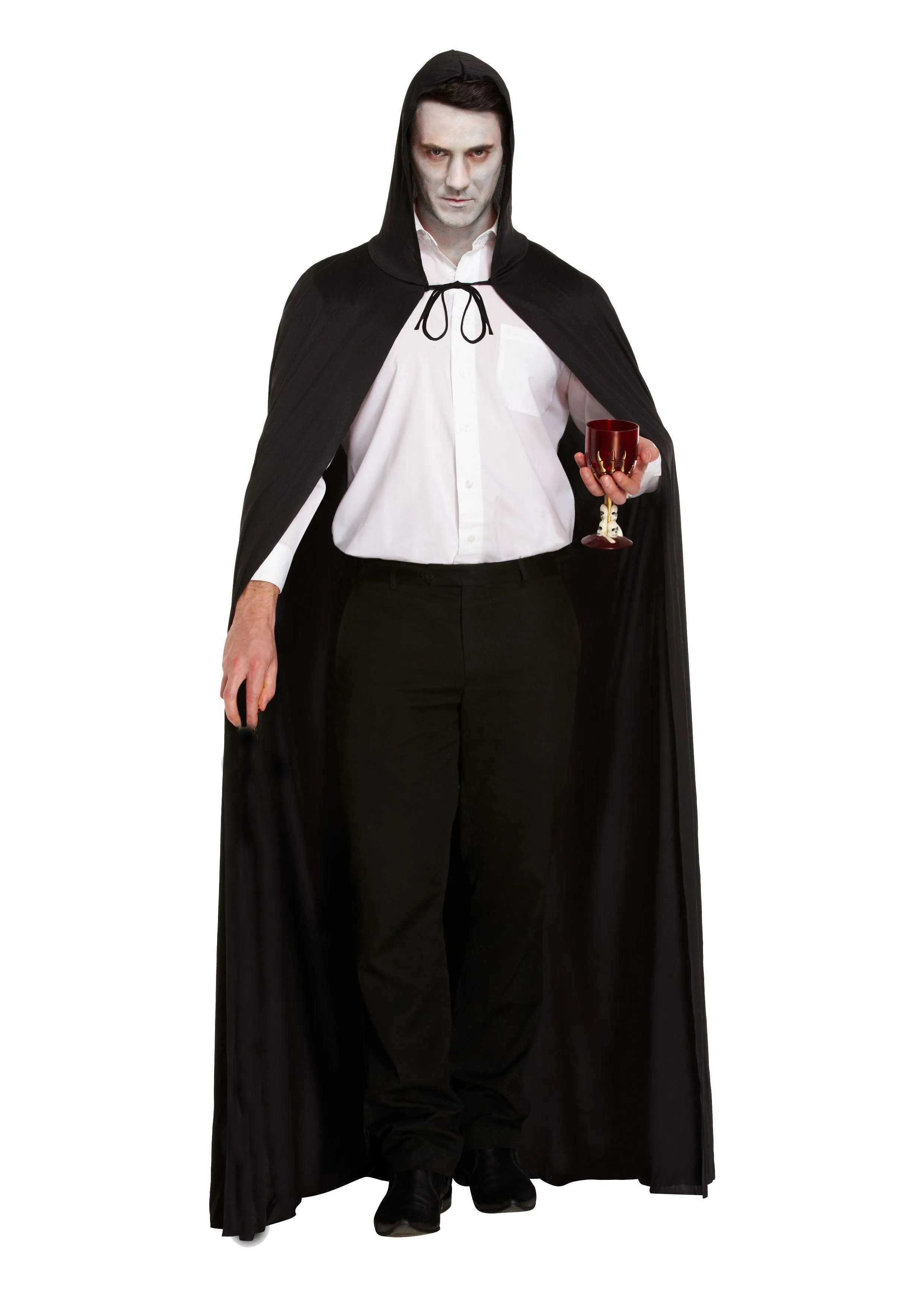 Eerie Nightmarescape Costume Set: Long Black Cape, Hood, White Skeleton Mask, and Fake Blooded Machete Prop