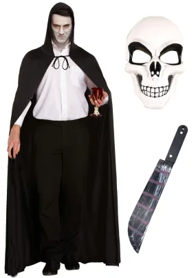 Eerie Nightmarescape Costume Set: Long Black Cape, Hood, White Skeleton Mask, and Fake Blooded Machete Prop