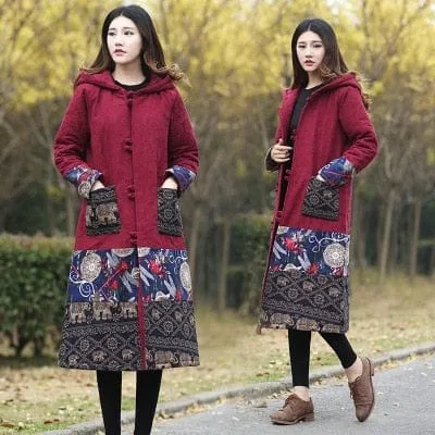 Embroidered Hooded Knee-Length Trench Coat