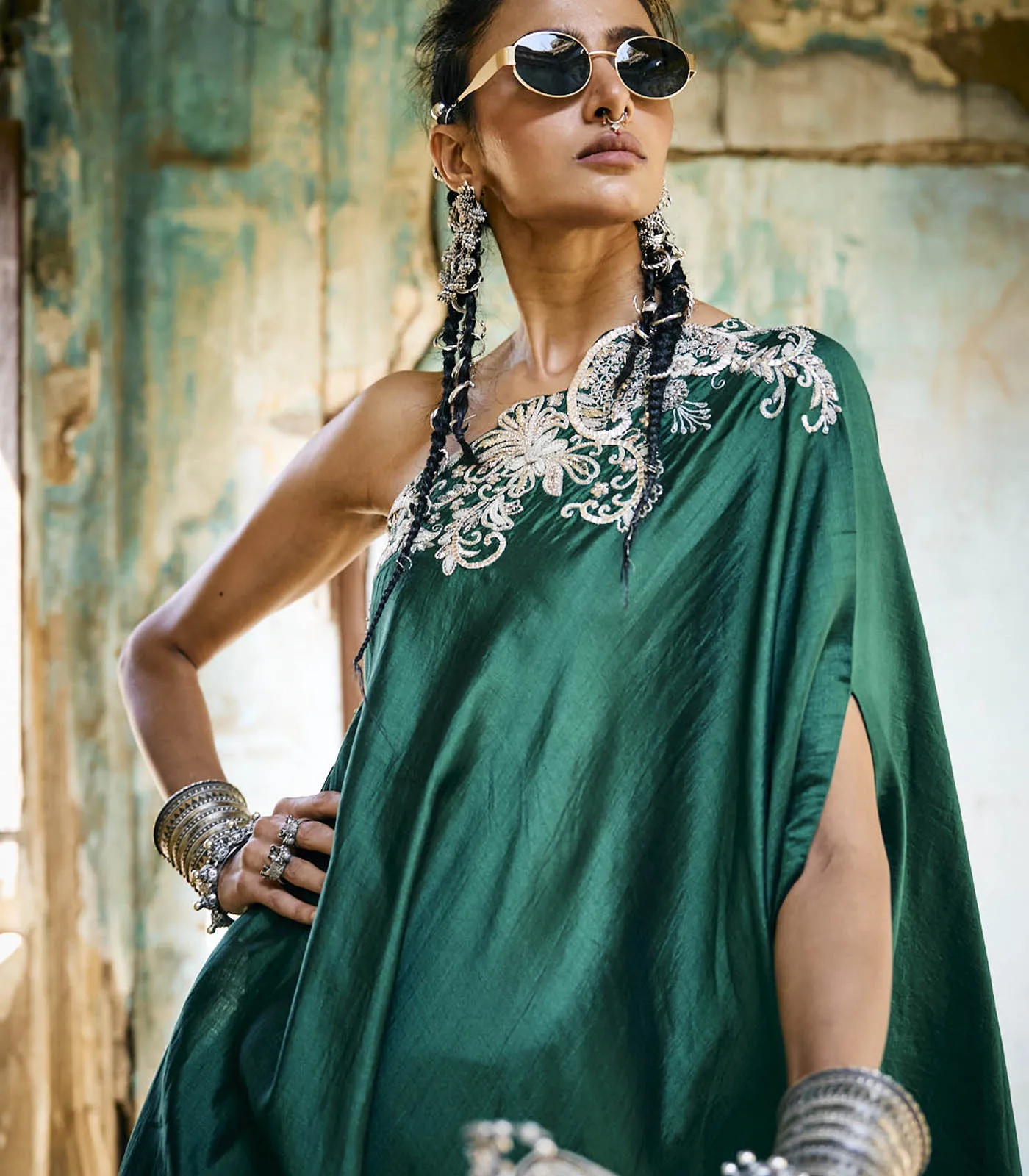 Emerald Green Off Shoulder Cape Set