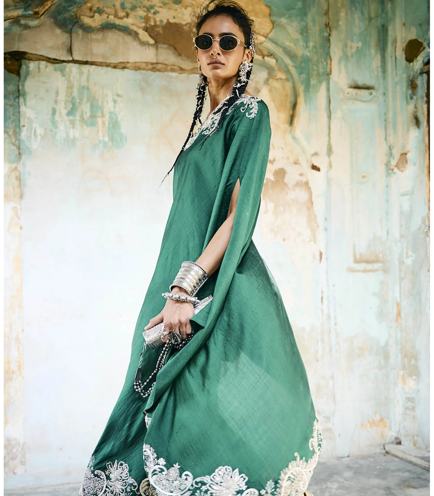 Emerald Green Off Shoulder Cape Set