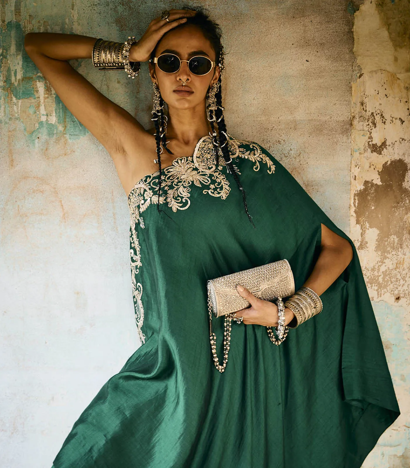 Emerald Green Off Shoulder Cape Set