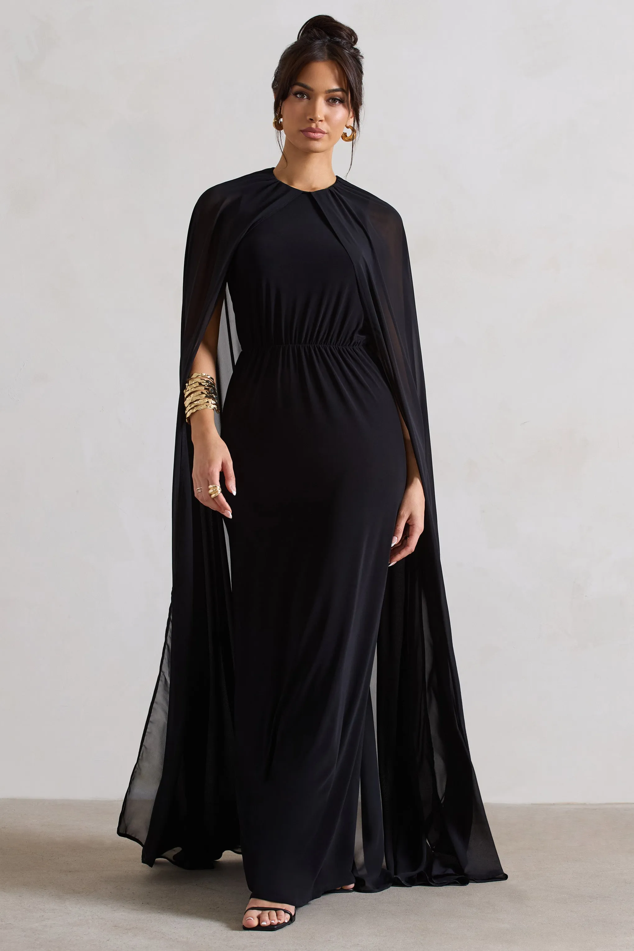 Envy | Black Gathered Maxi Dress With Chiffon Cape