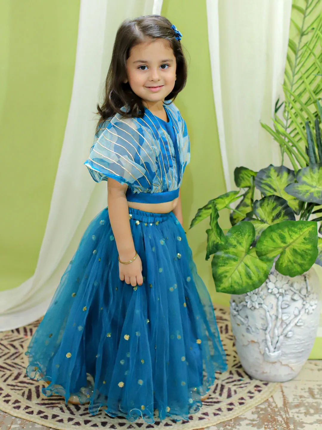 Ethnic Party Wear Girls Organza Cape Choli with Sequined Net Lehenga Blue