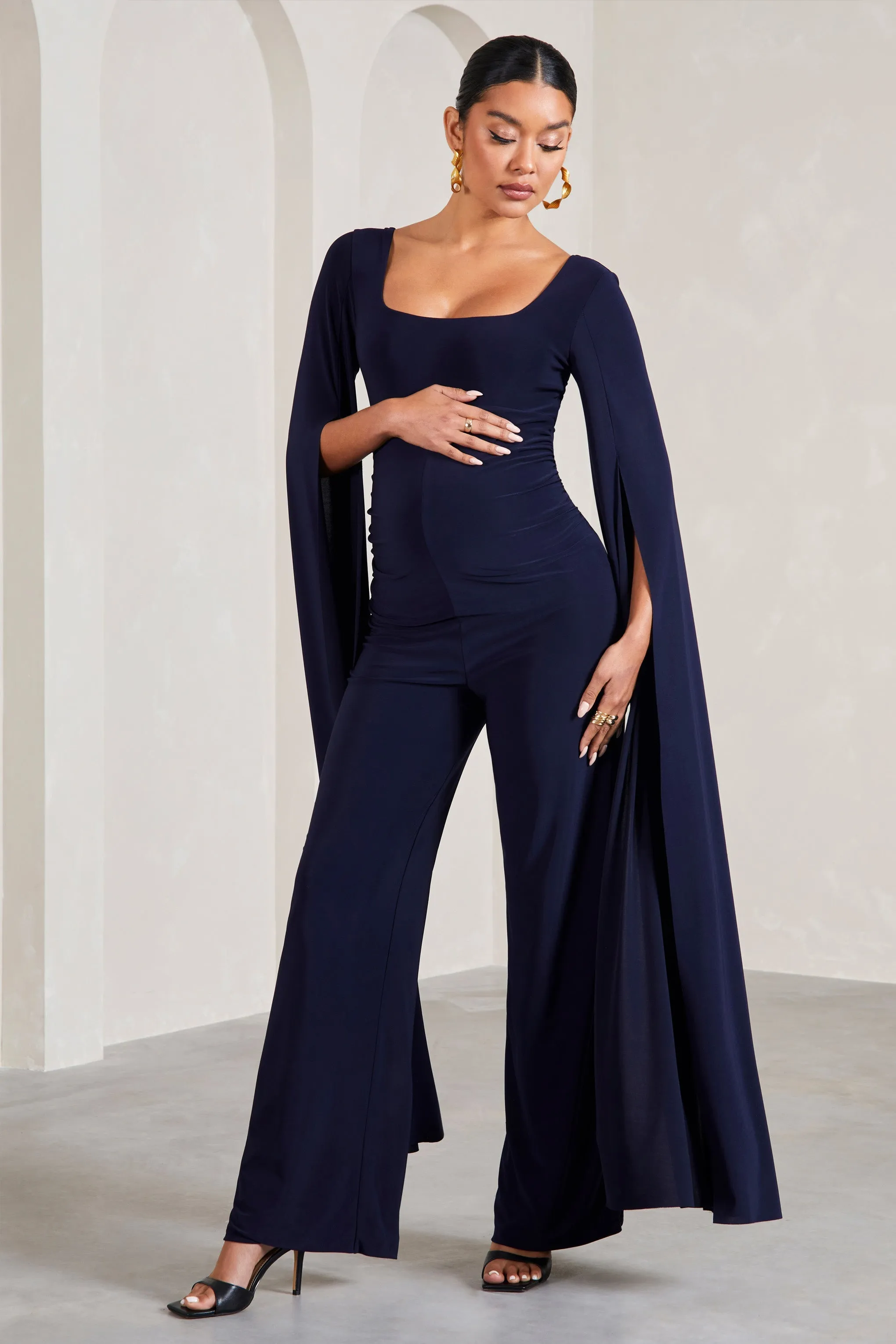 Faith | Navy Square-Neck Straight-Leg Maternity Jumpsuit With Cape Sleeves