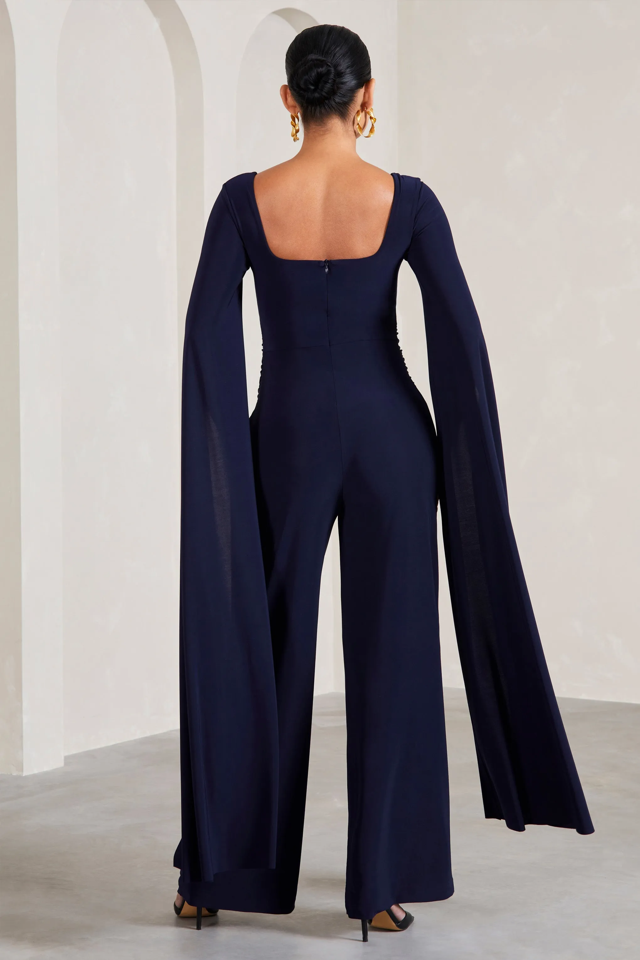 Faith | Navy Square-Neck Straight-Leg Maternity Jumpsuit With Cape Sleeves