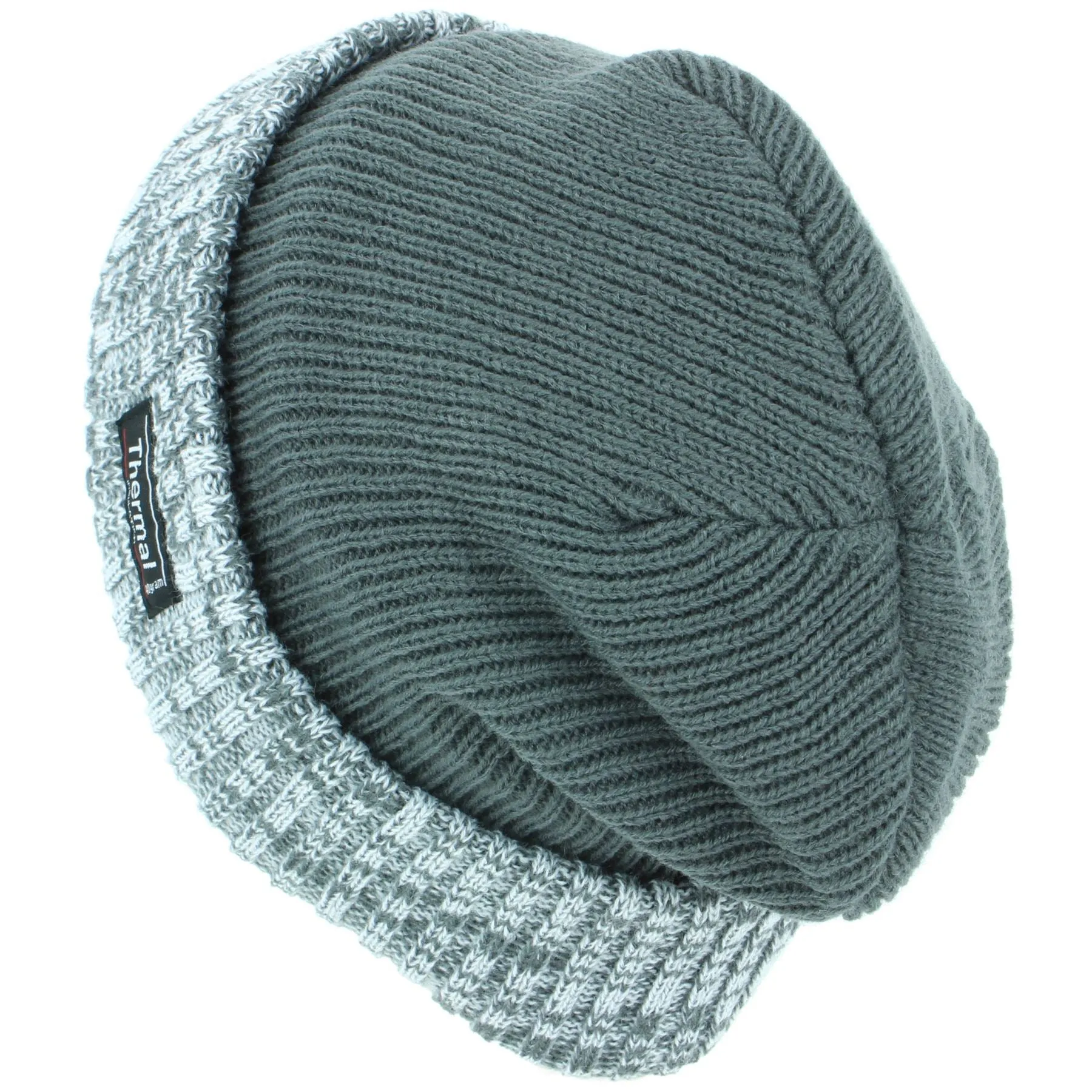 Fine Knit Beanie Hat with Thermal Lining and Marl Turn-up - Green