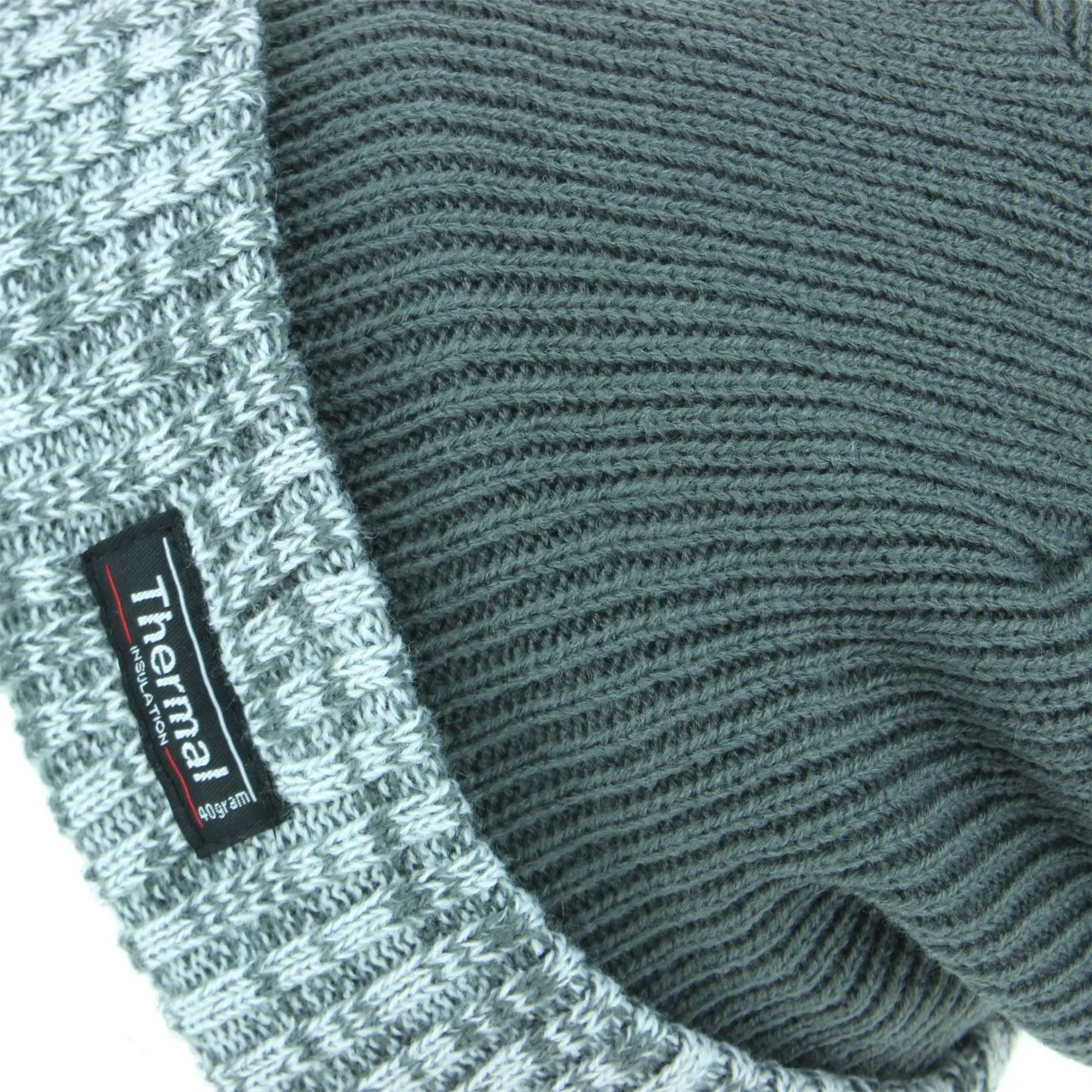 Fine Knit Beanie Hat with Thermal Lining and Marl Turn-up - Green