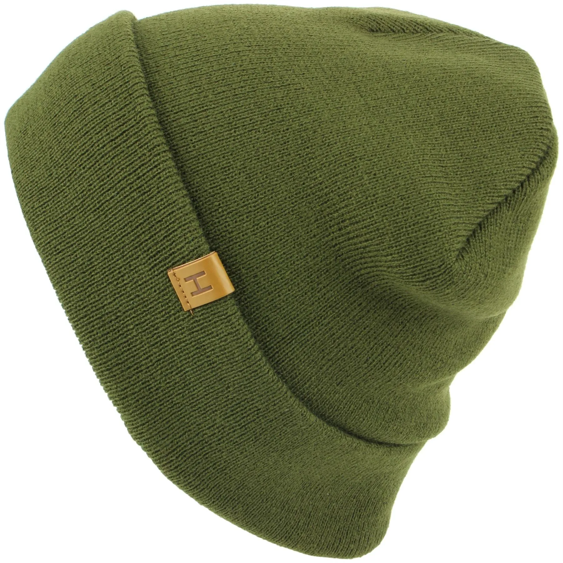 Fine Knit Beanie Hat with Turn-up - Green