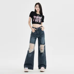 Floor-Length Distressed Loose Fit Straight High-Waisted Wide-Leg Retro Jeans