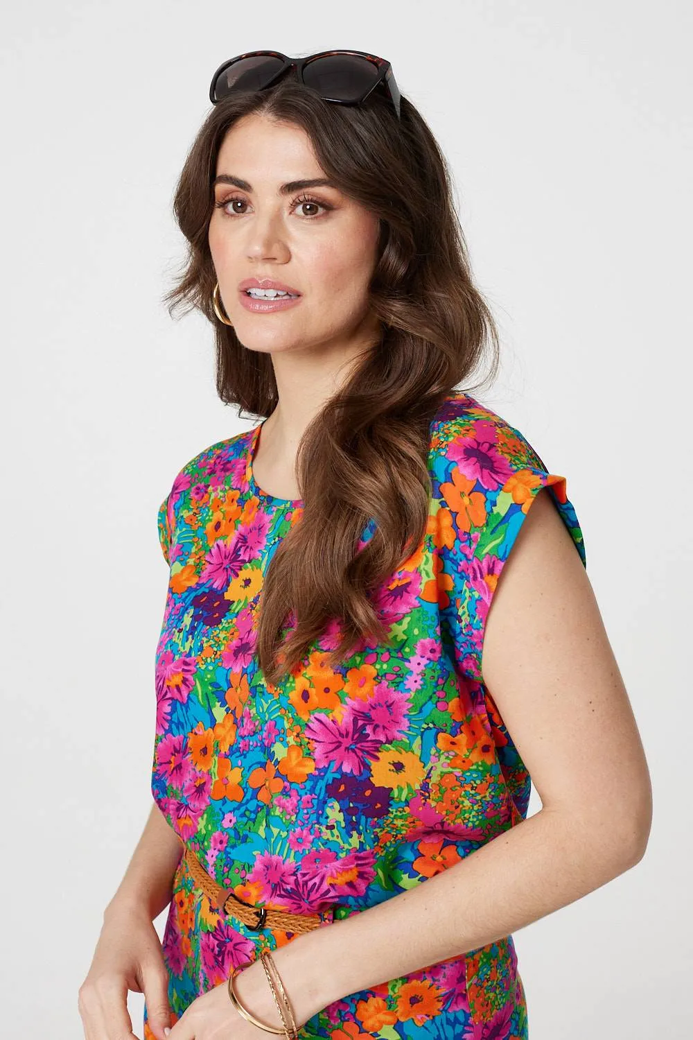 Floral Cap Sleeve Round Neck T-Shirt