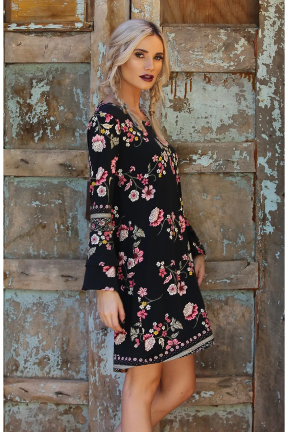 Floral Double Ruffle Sleeve Open Back Dress, Black