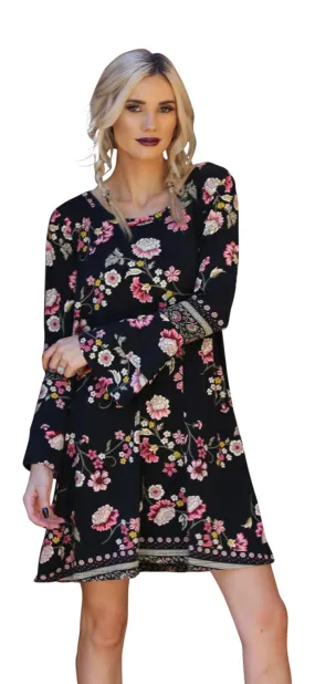 Floral Double Ruffle Sleeve Open Back Dress, Black