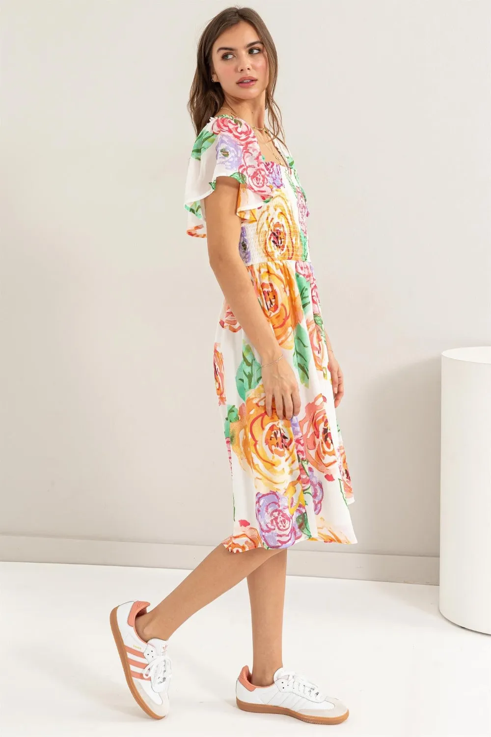 Floral Flutter Sleeve Smocked Dress