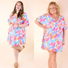 Fresh Blossoms Doodle Print Babydoll Dress with V Neck in Blue Mix