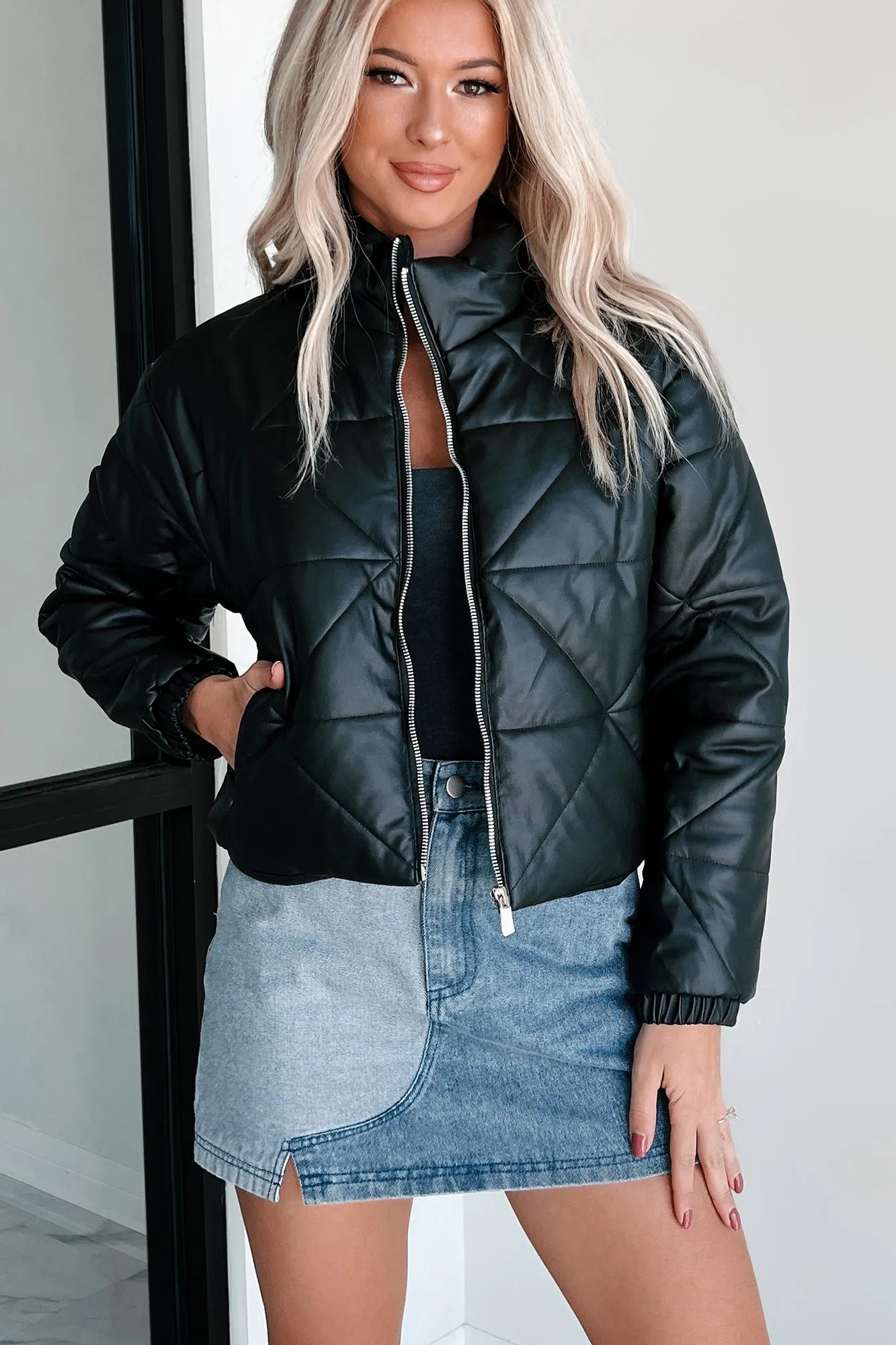 Get Frosty Faux Leather Quilted Puffer Jacket (Black)