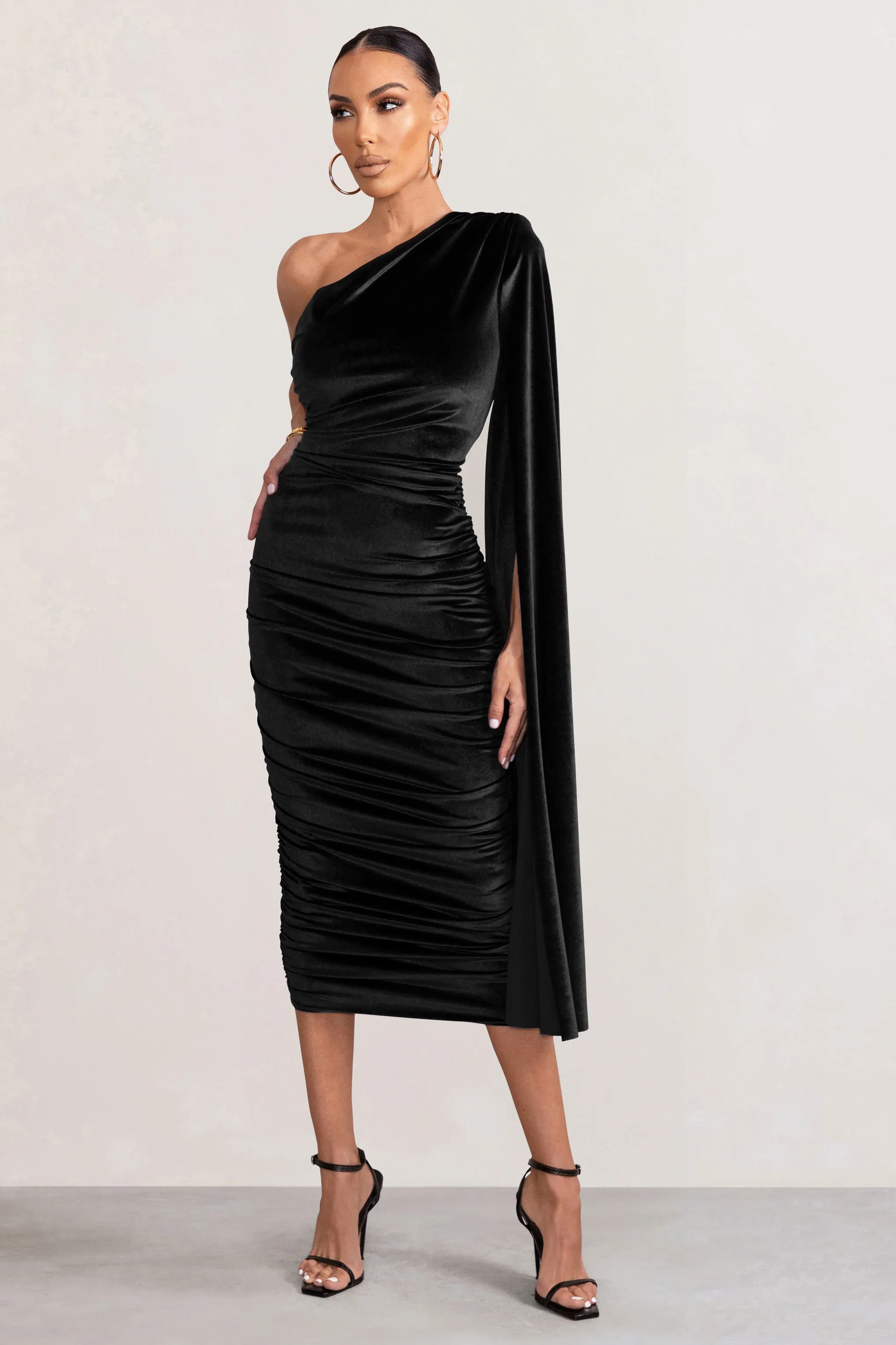 Gianna | Black Velvet One Shoulder Cape Bodycon Midi Dress