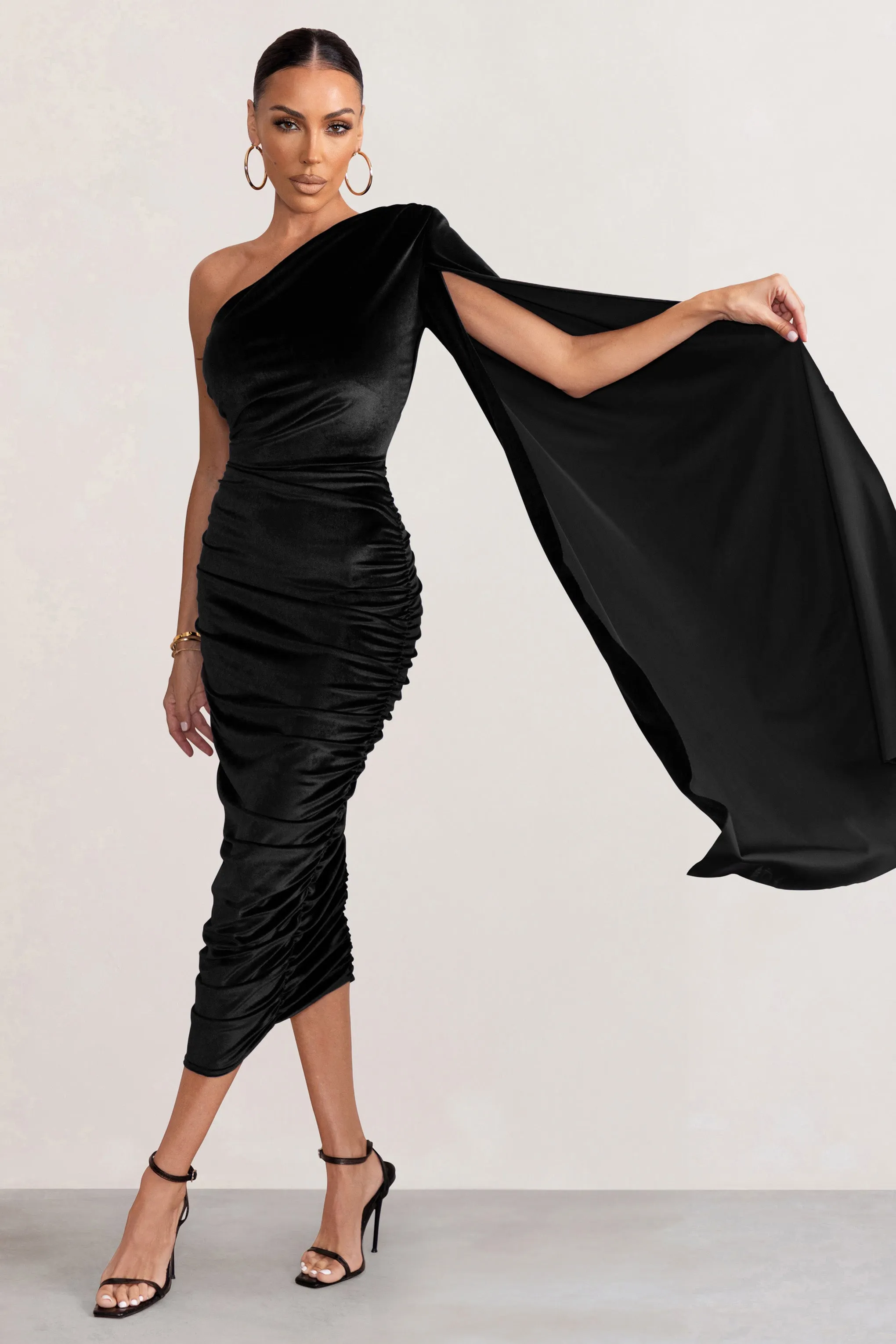 Gianna | Black Velvet One Shoulder Cape Bodycon Midi Dress