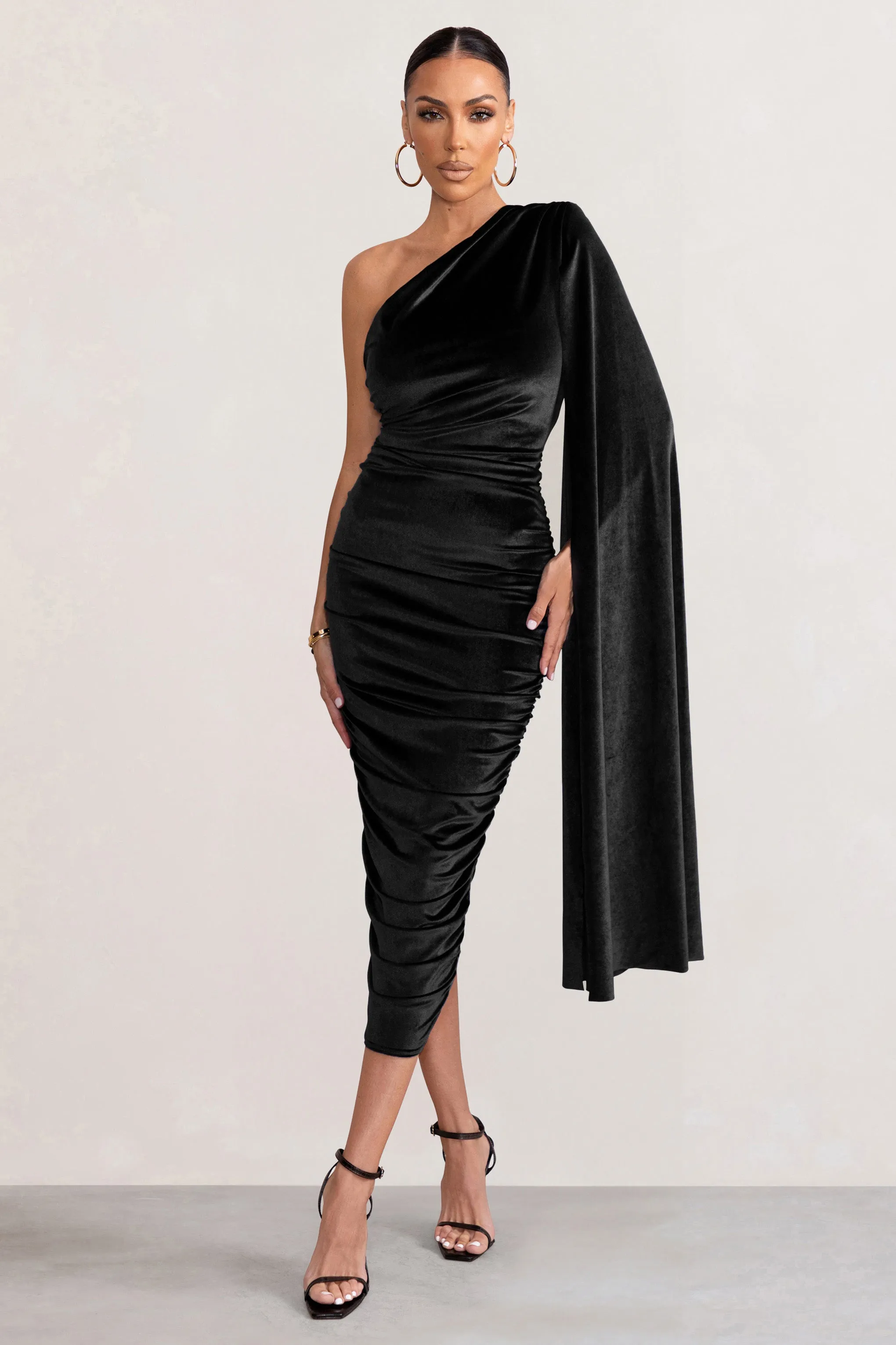 Gianna | Black Velvet One Shoulder Cape Bodycon Midi Dress