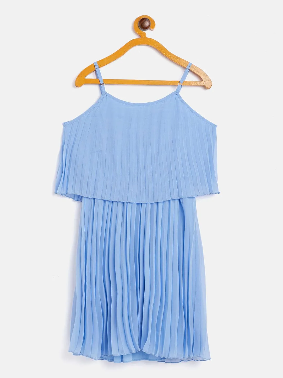 Girls Blue Pleated Strappy Dress