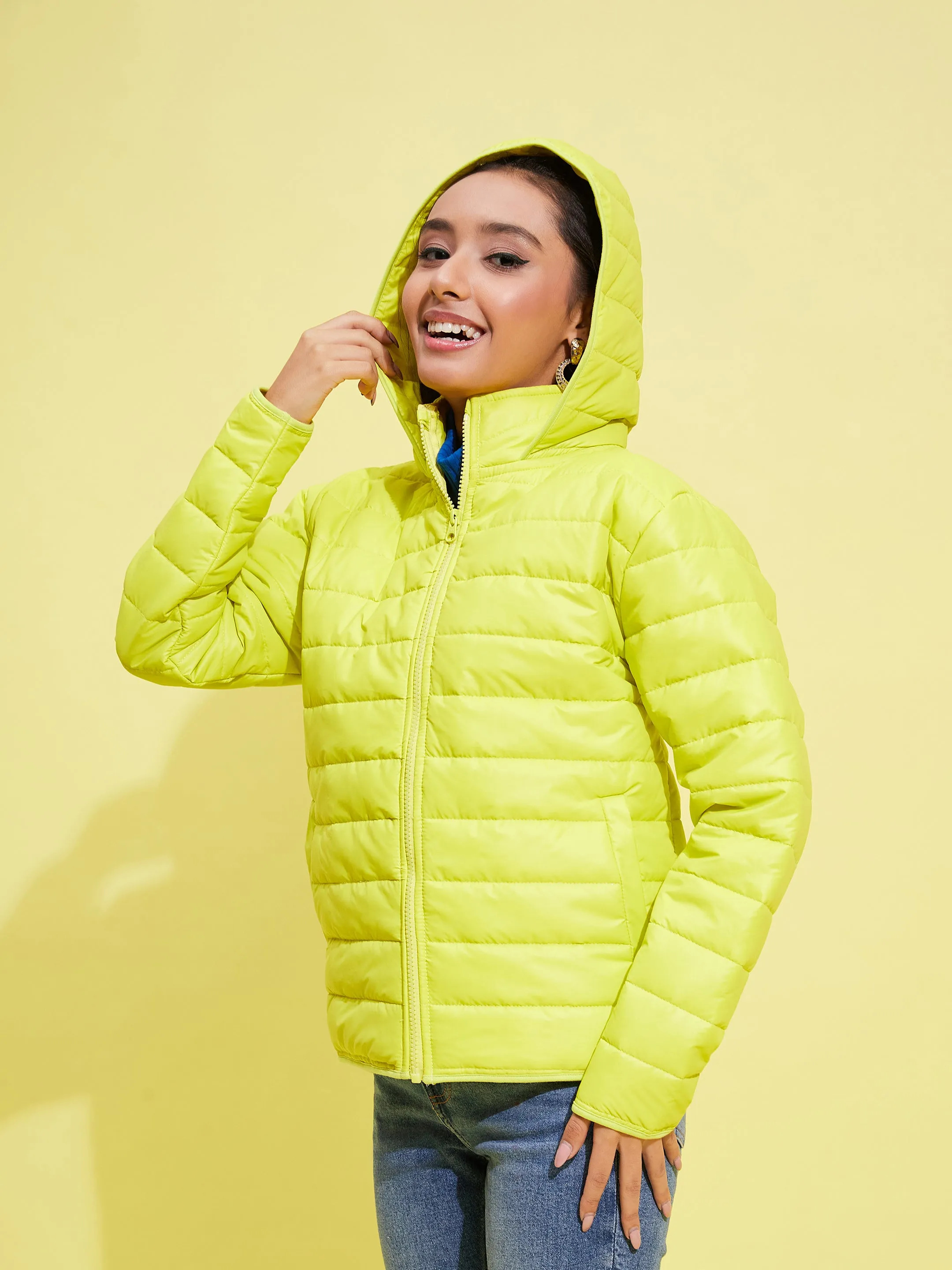 Girls Neon Yellow Quilted Hooded Jacket