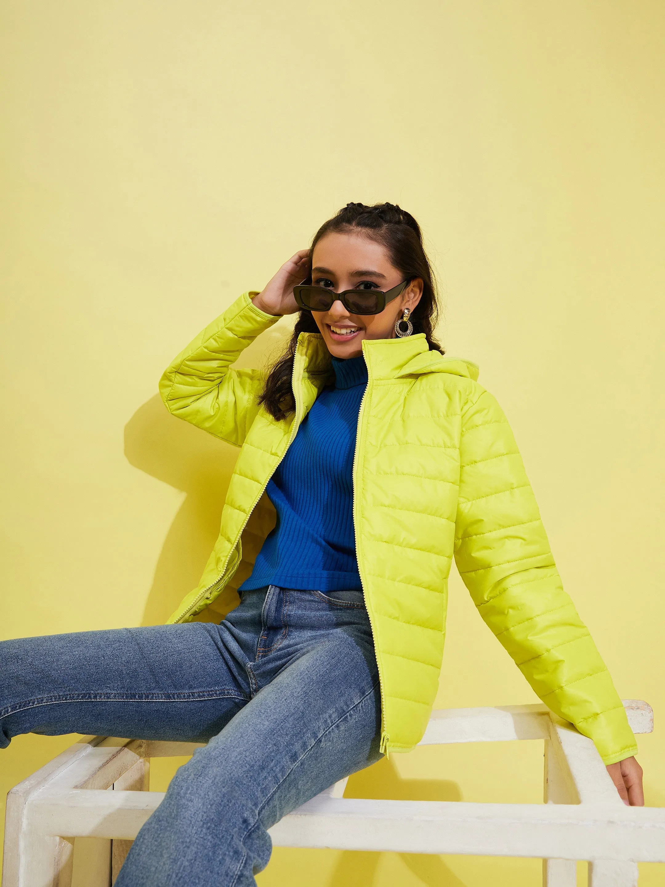 Girls Neon Yellow Quilted Hooded Jacket