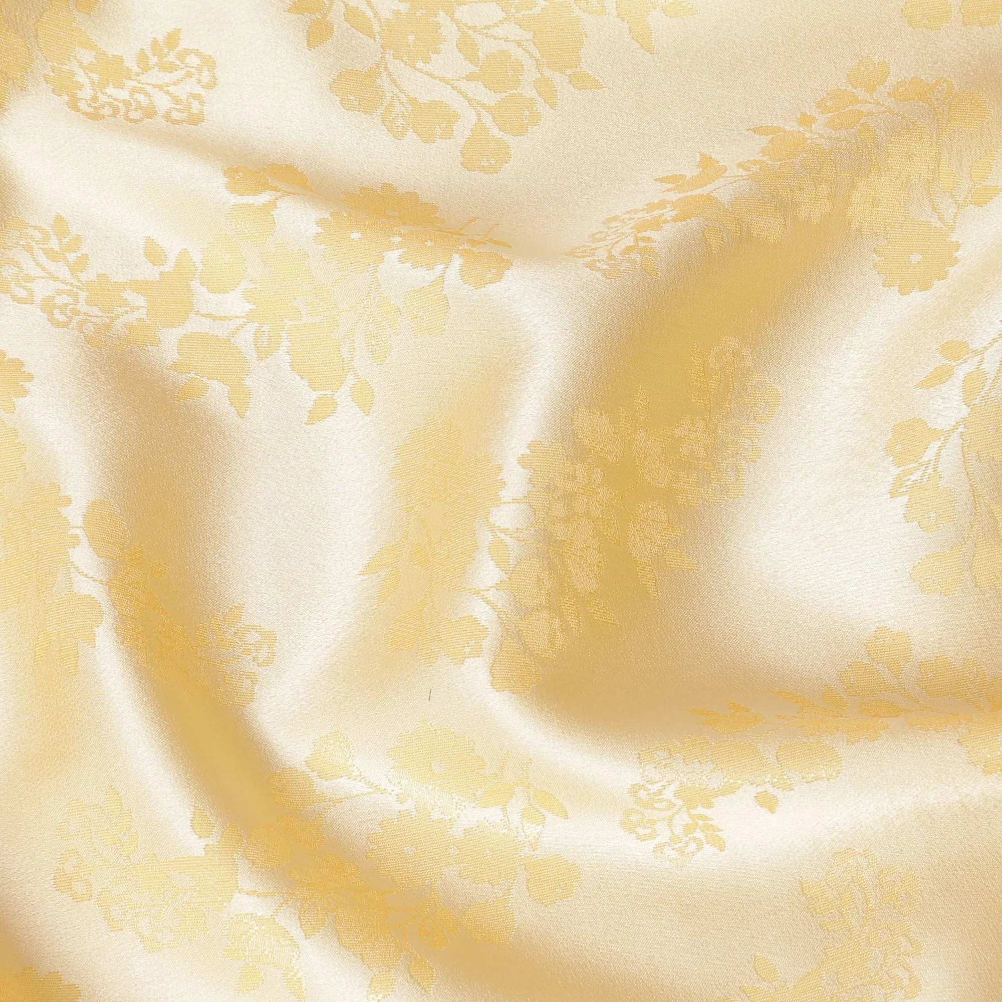 Gold Premium pure silk satin fabric with same tone film metallic jacquard in floral design-D14628