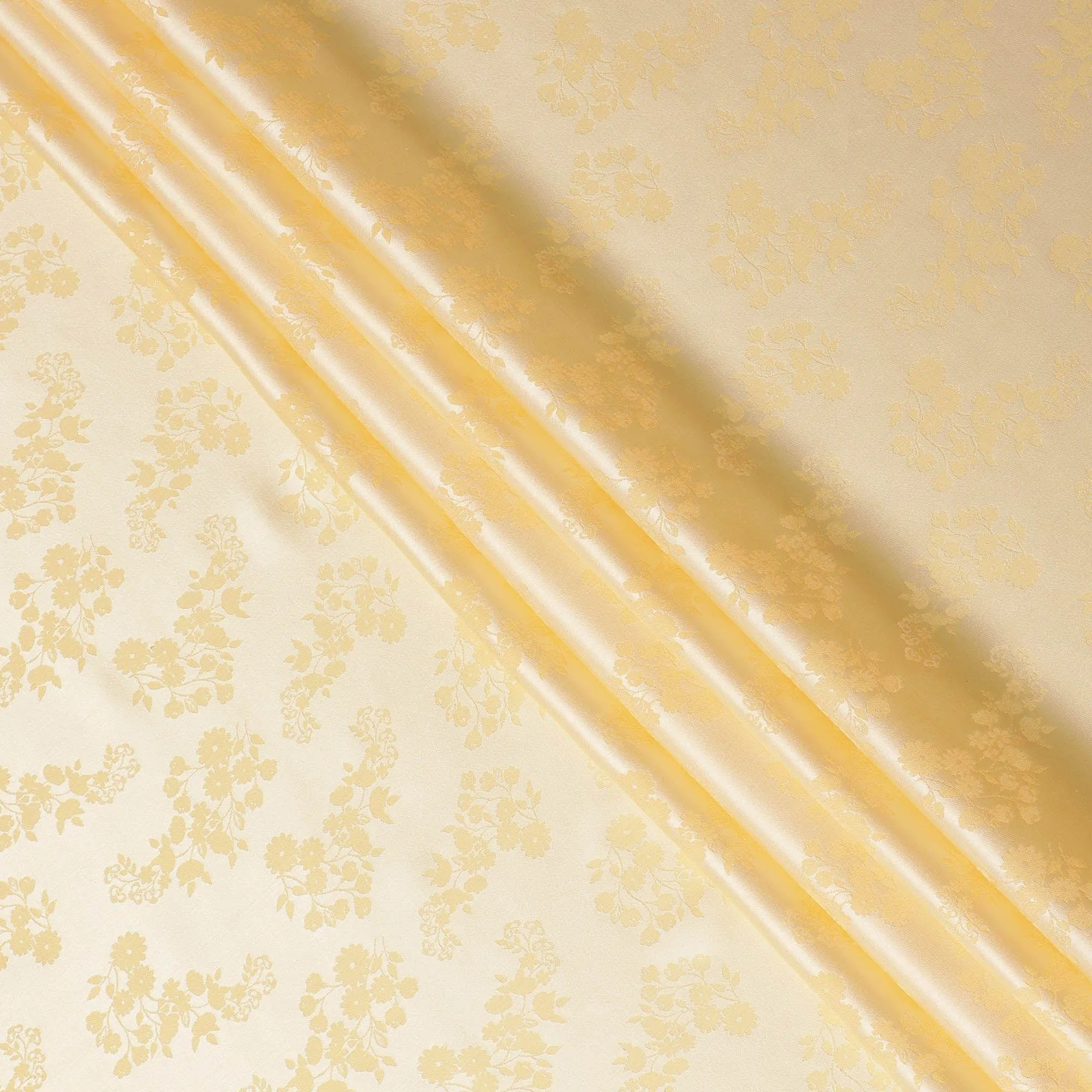 Gold Premium pure silk satin fabric with same tone film metallic jacquard in floral design-D14628