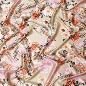 Gold pure silk satin fabric with multicolor print in floral design-D11038