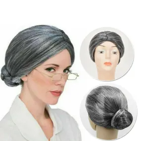 Grandma Wig Old Lady Woman Grey Silver Granny Mother Dress Up Costume Part Au