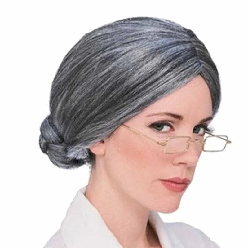 Grandma Wig Old Lady Woman Grey Silver Granny Mother Dress Up Costume Part Au