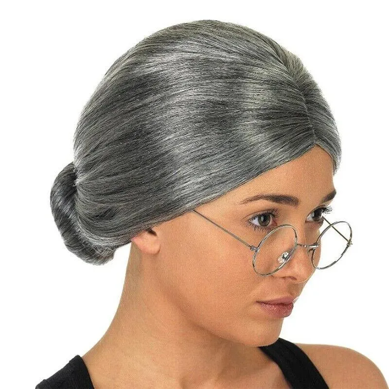 Grandma Wig Old Lady Woman Grey Silver Granny Mother Dress Up Costume Part Au