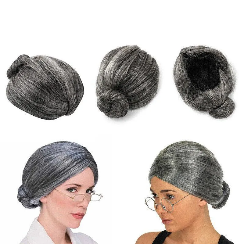 Grandma Wig Old Lady Woman Grey Silver Granny Mother Dress Up Costume Part Au