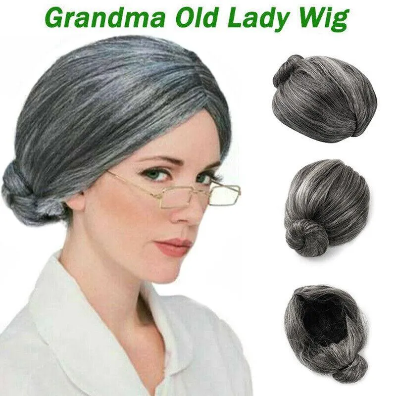 Grandma Wig Old Lady Woman Grey Silver Granny Mother Dress Up Costume Part Au