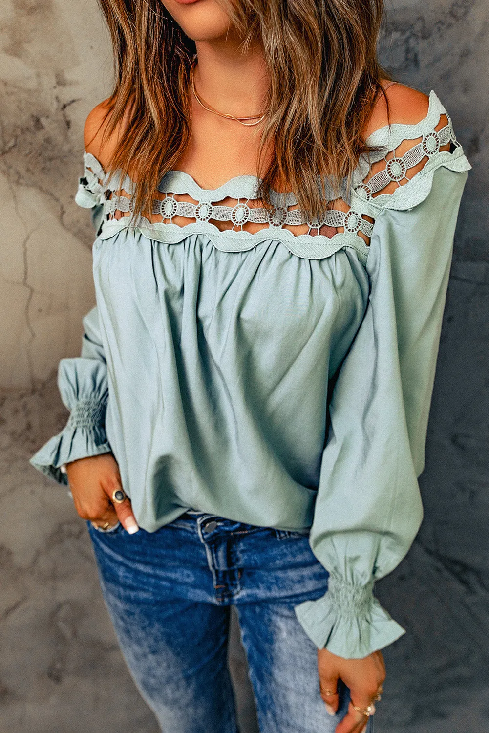 Green Lace Hollow-out Scalloped Neck Blouse