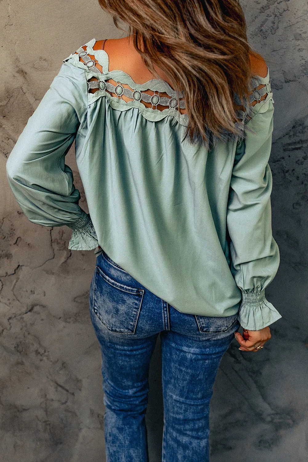 Green Lace Hollow-out Scalloped Neck Blouse