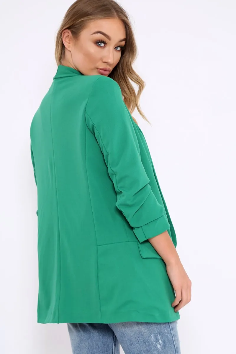 Green Open Front Ruffled Sleeves Blazer - Kanna