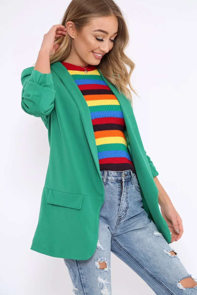 Green Open Front Ruffled Sleeves Blazer - Kanna