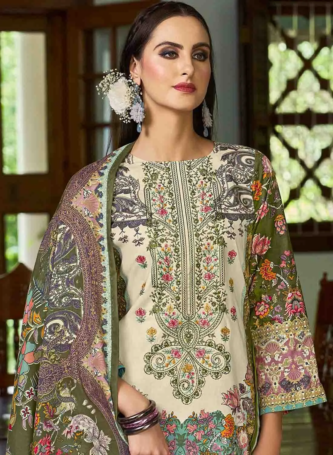 Green Pure Cotton Pakistani Print Unstitched Suit Set for Women