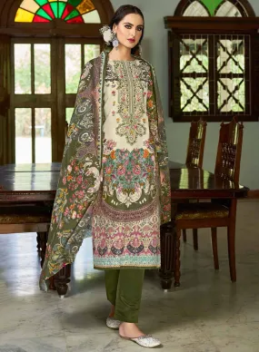 Green Pure Cotton Pakistani Print Unstitched Suit Set for Women