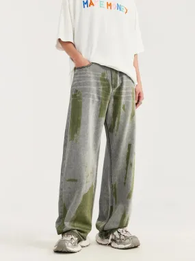 Grey Jeans With Green Paint Splatter