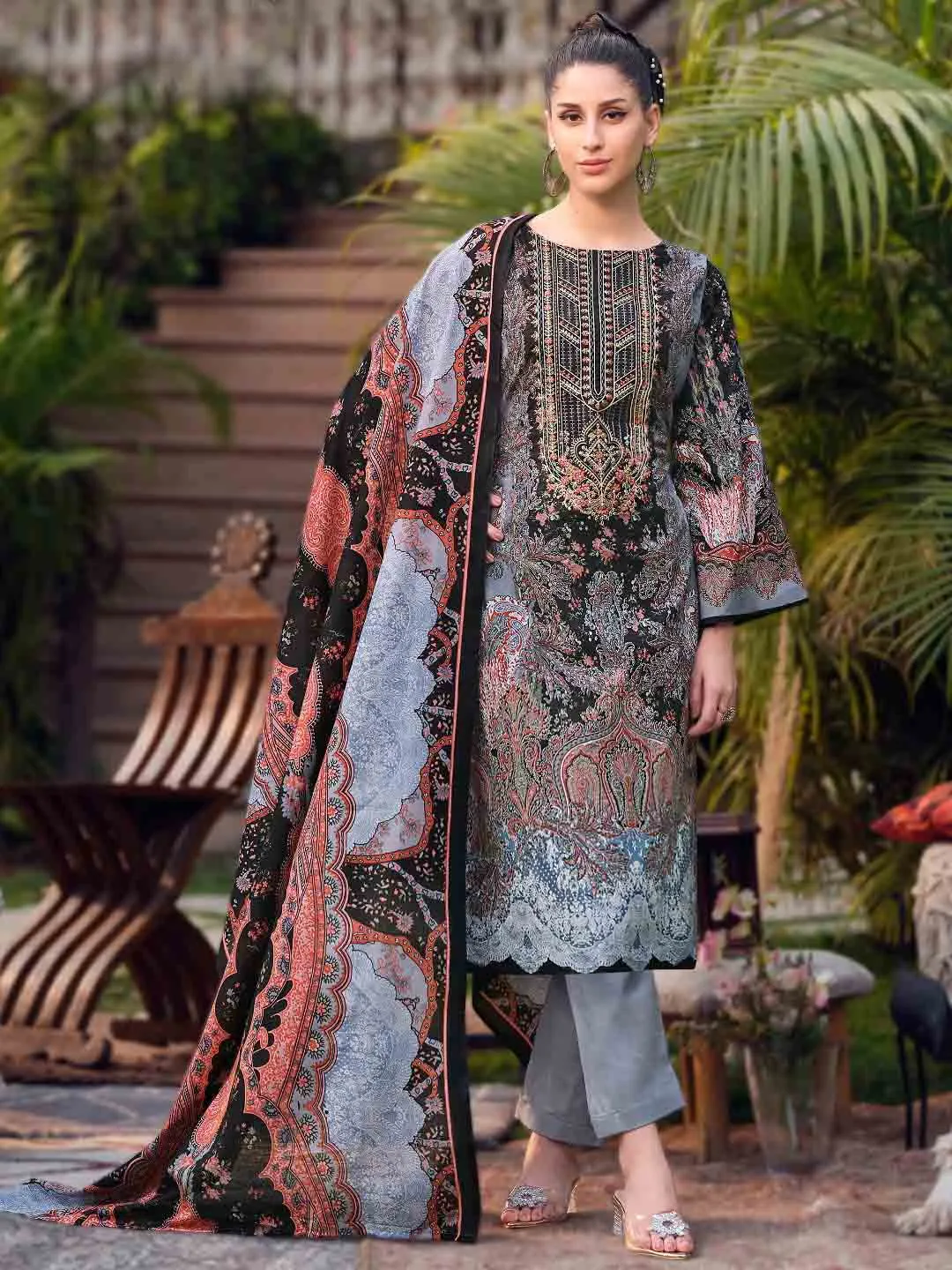 Grey Pakistani Print Unstitched Pure Cotton Suit Dress Material