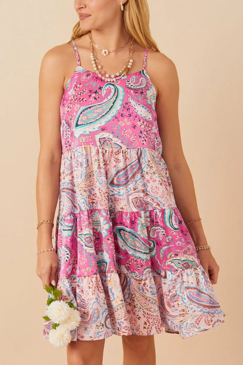 Hayden Paisley Print Tiered Dress in Pink