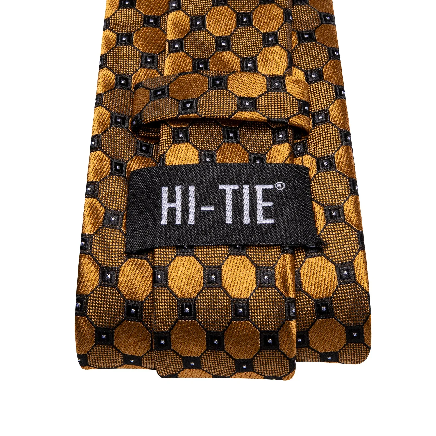 Hi-Tie Golden Geometric Dot 67 Inch Extra Long Tie Hanky Cufflinks Set