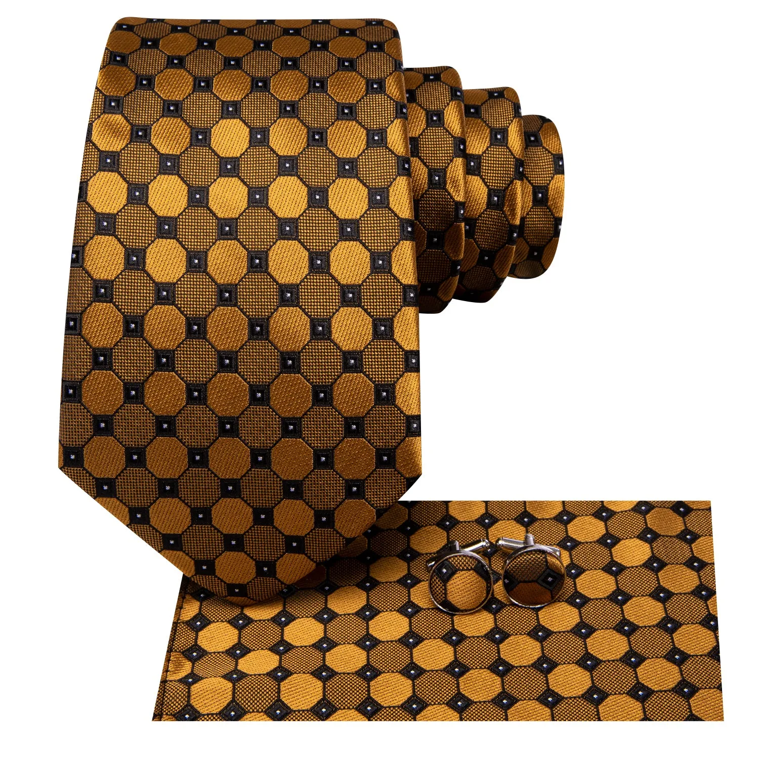 Hi-Tie Golden Geometric Dot 67 Inch Extra Long Tie Hanky Cufflinks Set