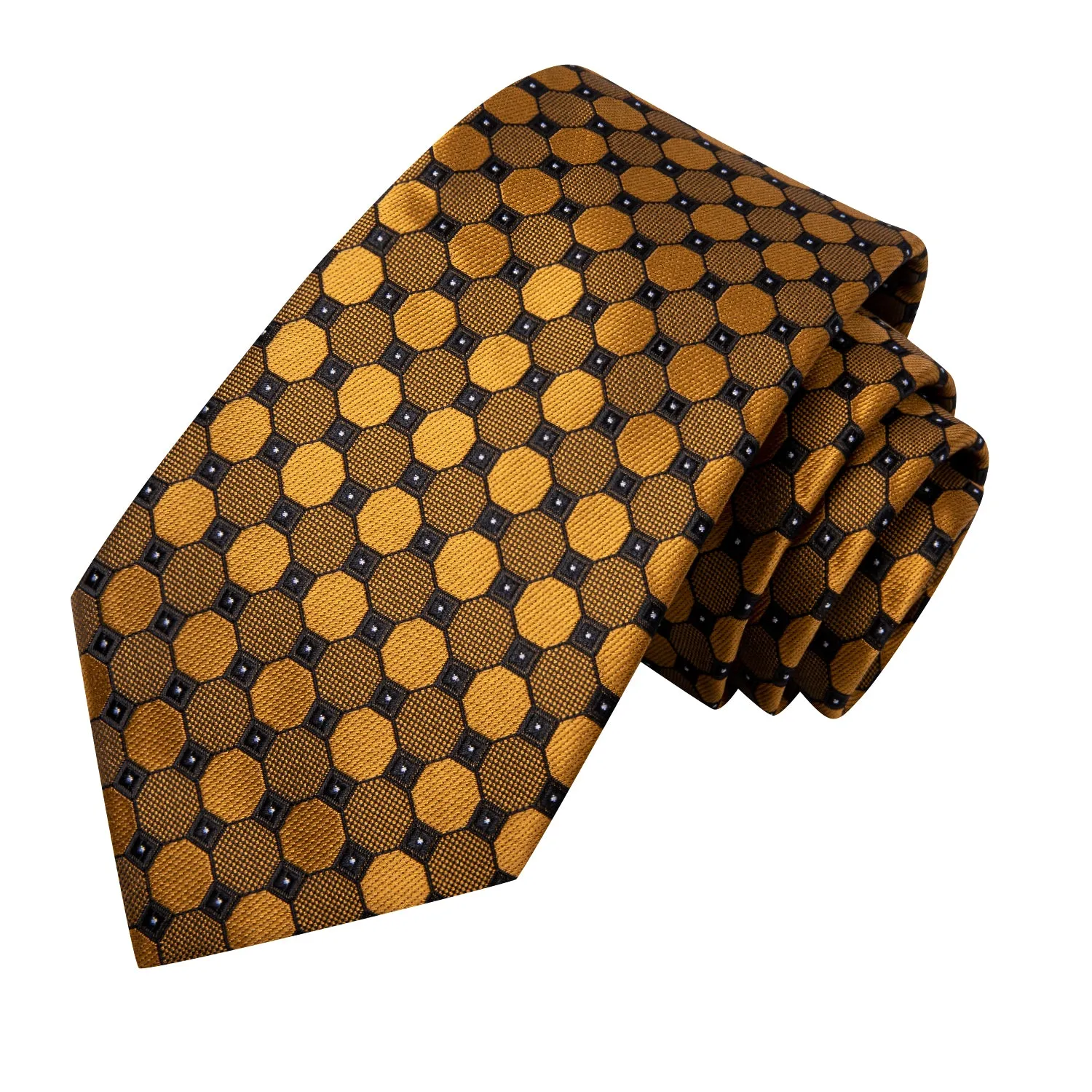 Hi-Tie Golden Geometric Dot 67 Inch Extra Long Tie Hanky Cufflinks Set