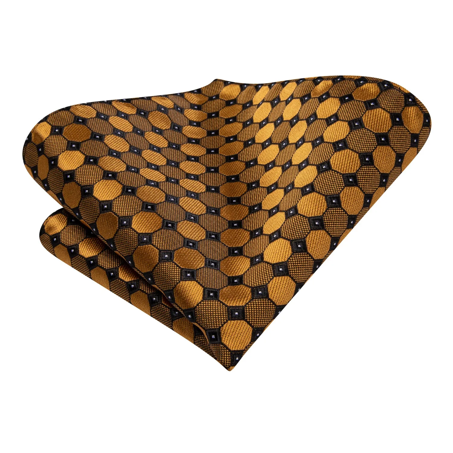 Hi-Tie Golden Geometric Dot 67 Inch Extra Long Tie Hanky Cufflinks Set