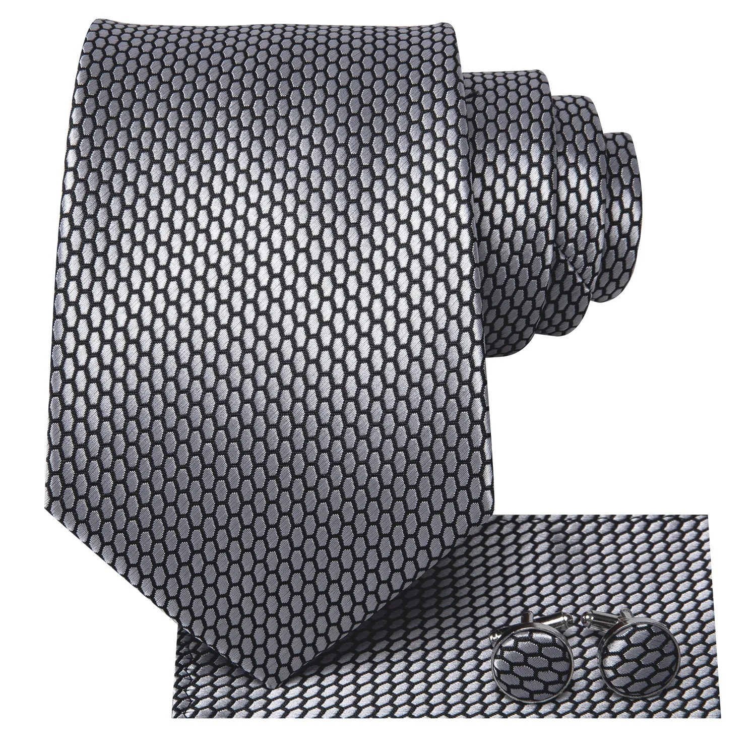 Hi-Tie Grey Geometric 67" Extra Long Tie Handkerchief Cufflinks Set